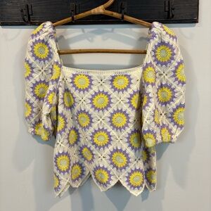 Week& Granny Cochet Daisy Floral Puff Sleeves Cropped Top Size S/M